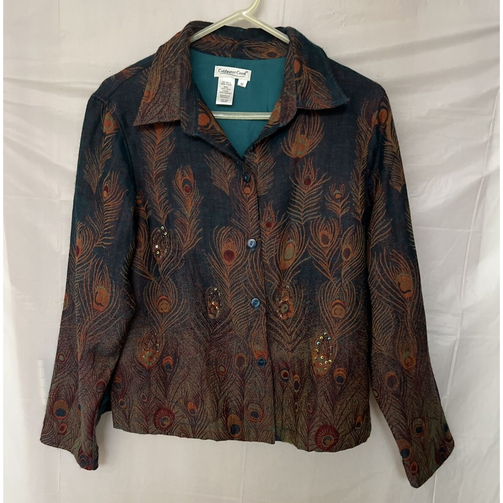 Coldwater Creek Ladies Medium Fine Wool Peacock Feathers Art Deco Blazer Jacket
